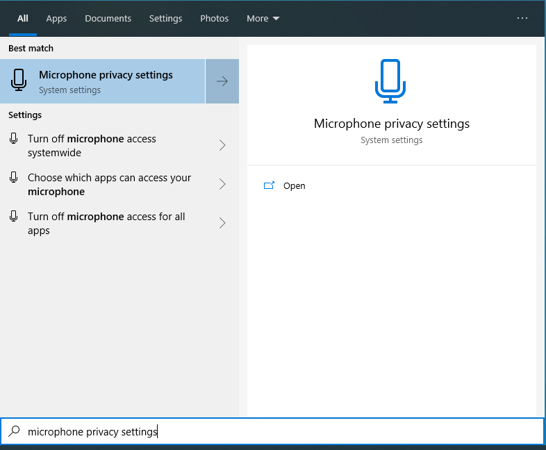 Start Menu search showing Microphone Privacy Settings
