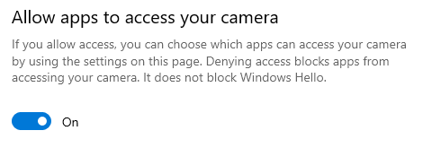 Camera privacy settings with Allow apps to access your camera toggled on