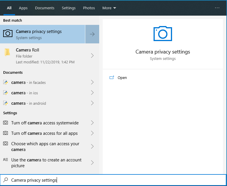 Start Menu search showing Camera Privacy Settings