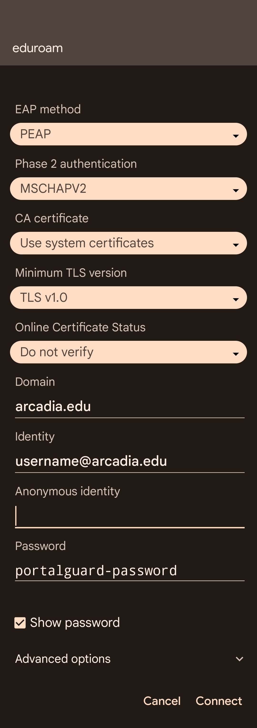 Android Wi-Fi settings for Eduroam, showing the EAP method, Identity, and password fields