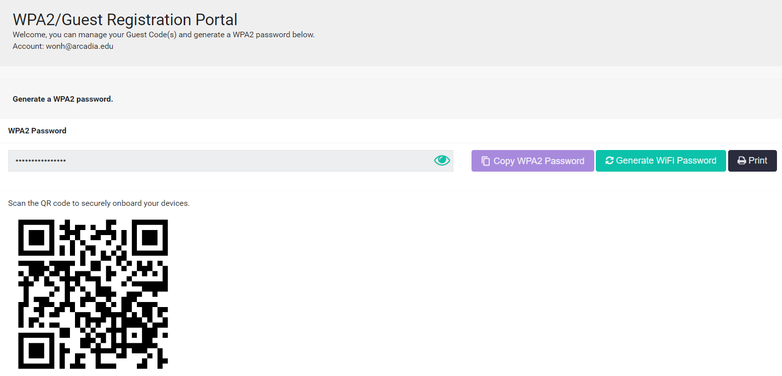 The WPA2 and Guest Registration Portal, showing where to generate a WPA2 password
