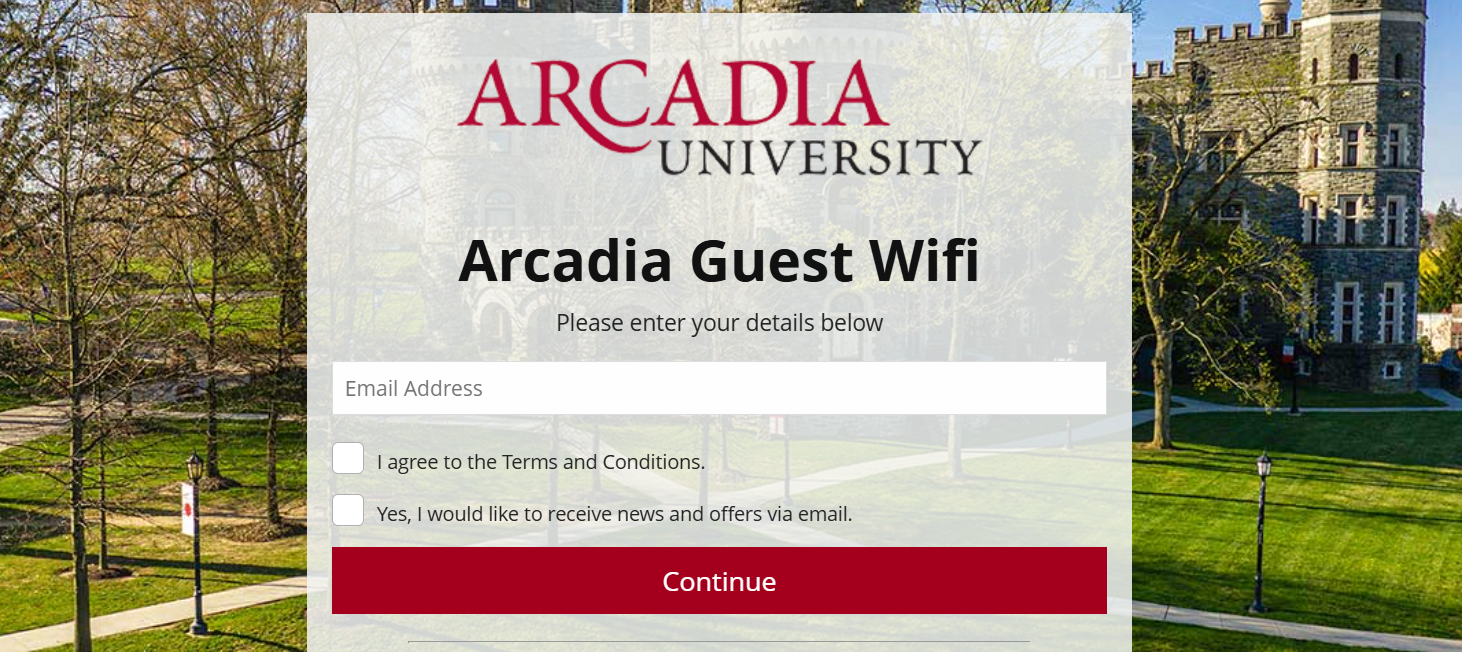 The AU-Guest registration page with the email address field and Continue button